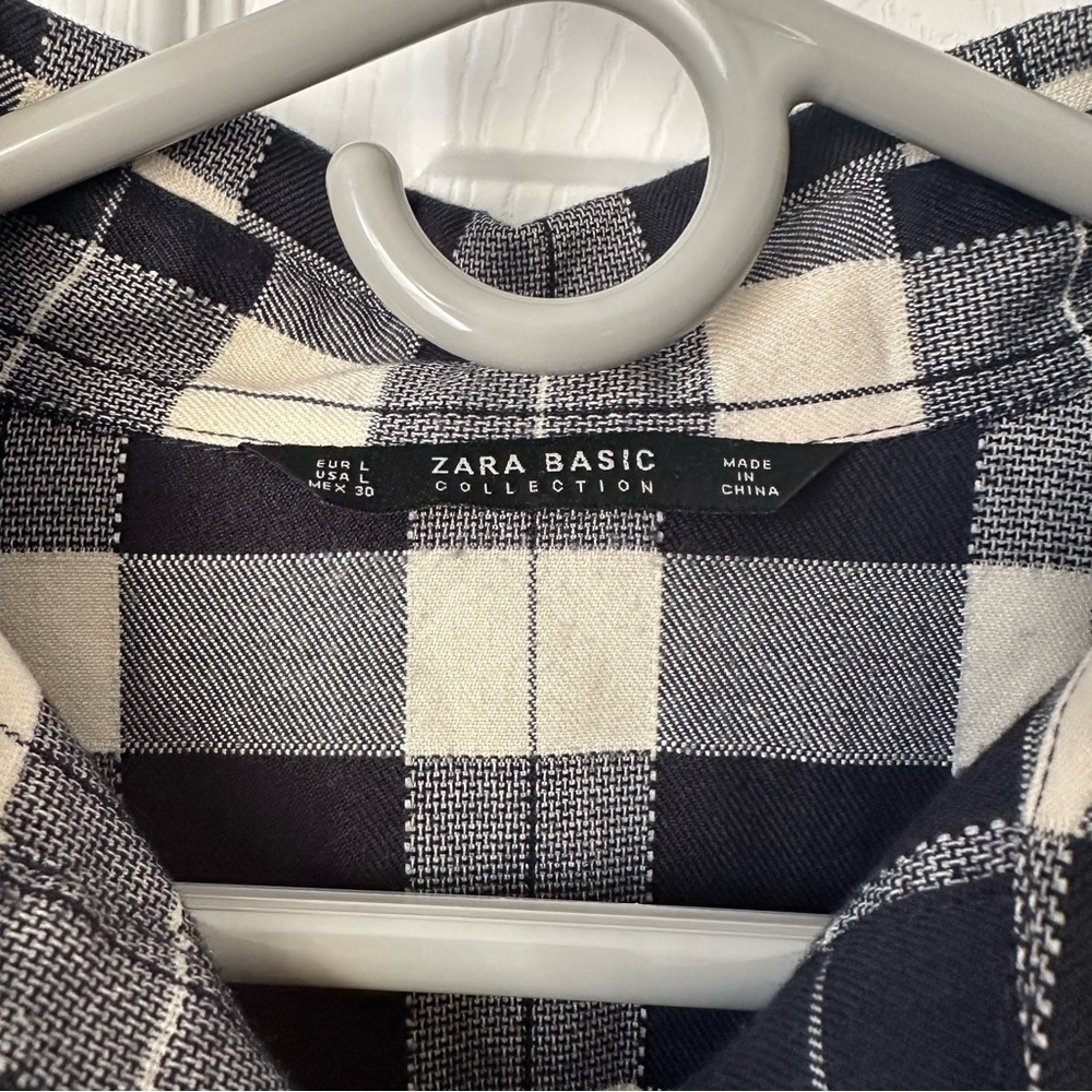 Zara Oversized Plaid Shirt Dress w/ Jeweled Collar Black and Ivory size Large - Picture 8 of 9